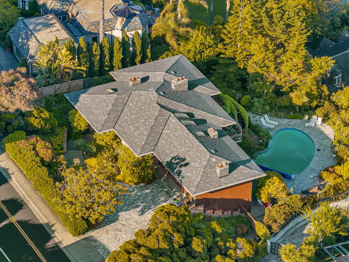 Aerial drone view of architectural shingle roof on Bay Area estate